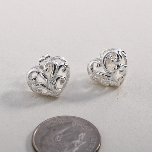 Sterling 925 Silver Heart Stud Earrings - Picture 3 of 4